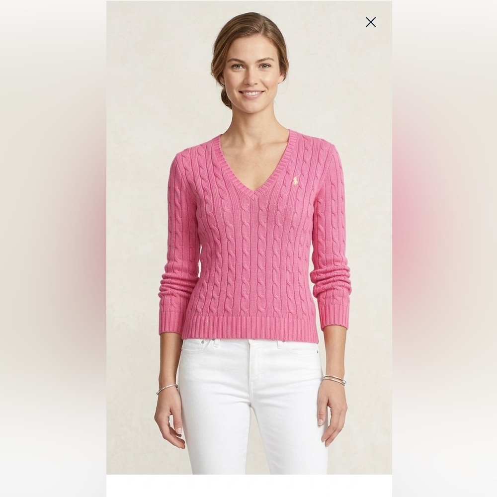 Vtg Y2K Ralph Lauren Sport Blue Tag 100% Cotton Cable Knit V Neck Sweater Sz M